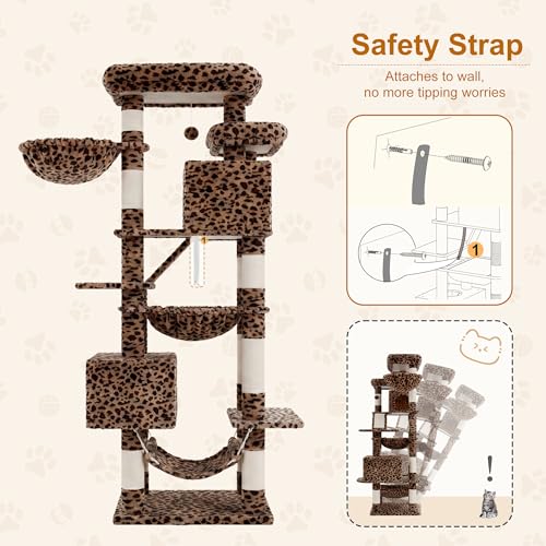 Image of Heybly Cat Tree, 71-Inch-Tall Tower for Indoor Cats with 2 Perches HCT034BW | Large Cat Furniture with 2 Big Condos, 2 Hammocks, Basket, Scratching Pad, Multi-Level Cat Condo, Leopard Print