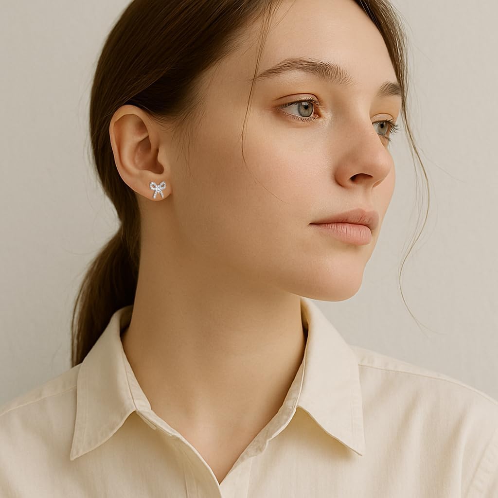 Bow Earrings for Women 925 Silver with Cubic Zirconia Ribbon Earrings Bow Stud earrings Jewelry Gifts for Women - Image 5