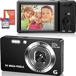 Cámara Recargable Cámara Digital Compacta 56MP 2160P HD Cámara de Fotos 20X Digital Zoom 2,7´´ LCD Cámara Portátil Compacta con Tarjeta 32GB, Recargable Cámara para Niños, Principiantes, Adulto