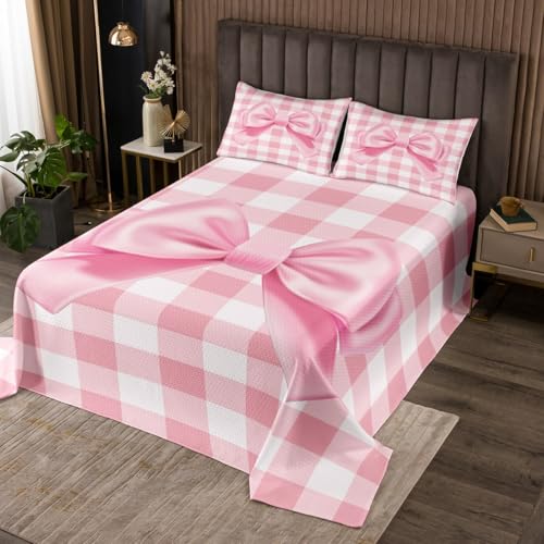 3D Bowknot Bedspread Twin Size Pink Checkered Grid Coverlet Set Kids Room Present Girly Dreamy Themed Bedroom Decor Bedding Set Cartoon Bow Bedding with 1 Pillowcase