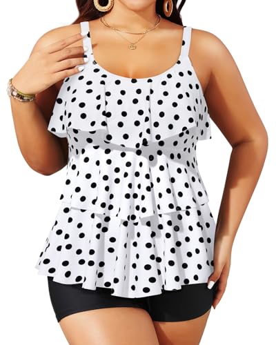 Yonique Women's Plus Size Tankini Swimsuits with Shorts Two Piece Bathing Suits Ruffle Swimsuits Tummy Control Swimwear White Polka Dots 20W