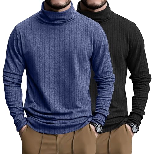 Riyiper 2 Pack Men's Ribbed Turtleneck Sweaters, Long Sleeve Pullover Tops Slim Fit Thermal Sweaters Base Layer Basic Jumper