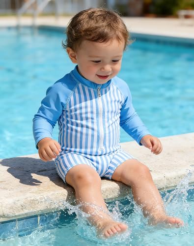image for uideazone 18-24 Months Baby Boys Bathing Suit Light Blue Striped One P