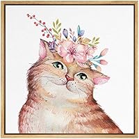 SIGNWIN Framed Canvas Wall Art Nursery Baby Cat Kitten with Pink, Purple, Blue Flowers Animals Wildlife Watercolor Impressionism Modern Portrait Fun for Living Room, Bedroom, Office - 16