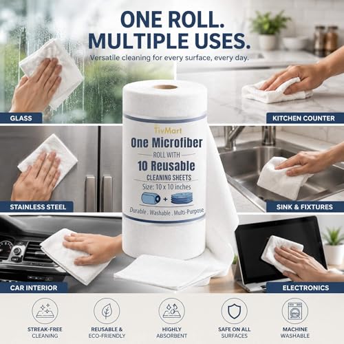 Image of Microfiber Cleaning Cloth Roll | 10 Reusable Tear-Away Sheets (25x25 cm, 220 GSM) | Washable Lint-Free Cleaning Towels for Kitchen, Car, Glass, Office & Home | Ultra Absorbent White Cloth Roll