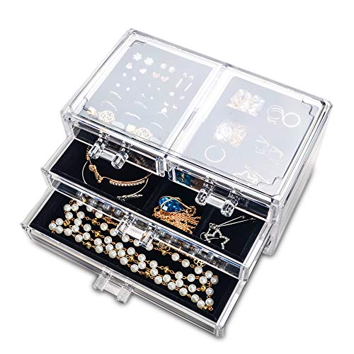 Acrylic Jewelry Box 4 Drawers,Clear Jewelry Organizer Velvet Rings Necklaces Earring Bracelets Display Case Stand Holder Tray for Women Girls(Black)