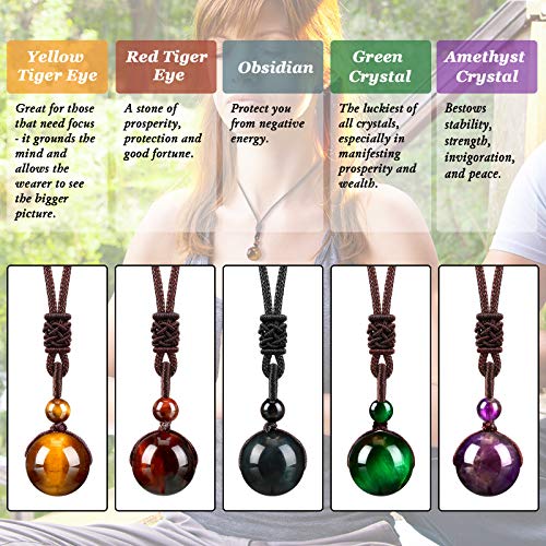 Yaomiao 5 Pcs Tiger Eye Chakra Round Bead Pendant Necklace Natural Quartz Amethyst Obsidian Turquoise Healing Crystal Pendant with Adjustable Nylon Rope3