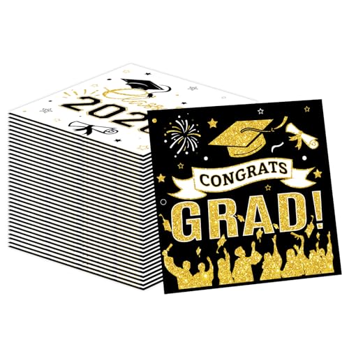 50PCS Graduation Paper Napkins Party Decorations Class of 2026 Black Gold Disposable Congrats Grad Luncheon Cocktail Dinner Party Napkins for Graduations Party Supplies Table Decor