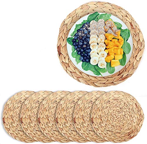 6 Pack Woven Placemats,Natural Water Hyacinth Weave Placemat Round Braided Rattan Tablemats 13.8â€