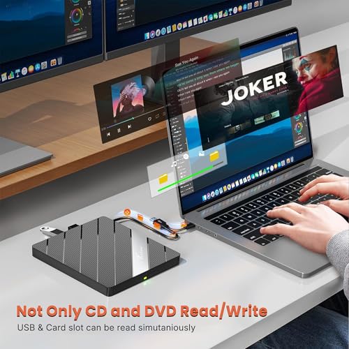 Image of Techie 8-in-1 External DVD Drive with USB Hub, SD TF Card Reader and Type-C Power Port - Dual USB-A and Type-C Interface CD DVD Reader Writer for Laptop, MacBook, PC and Tablets (Black Grey)