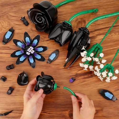 Image of Flower Bouquet Building Set, 12 Gothic Black Rose and Lotus Botanical Collection Building Block Toy Compatible with Lego Flowers for Adults Women Home Decor, Gift for Valentine, Mother's Day