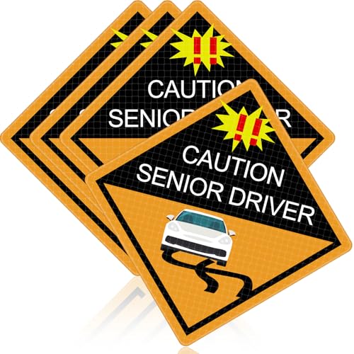 Image of Chunful 4 Pcs Funny Prank Caution Senior Driver Car Magnet Sign Gag Gifts Over The Hill Elderly Driver Magnet for Car Bumper Sticker 50th Grandma and Grandpa Birthday Gift Supply(Reflective)