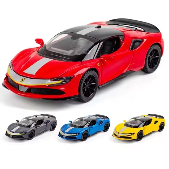Image of 1:32 Scale Ferrari SF90 Toy Car | Metal Pullback Diecast Car for Kids with Openable Doors, Sound, Light Effects Toy for Car Enthusiasts (Color As Per Available), Red
