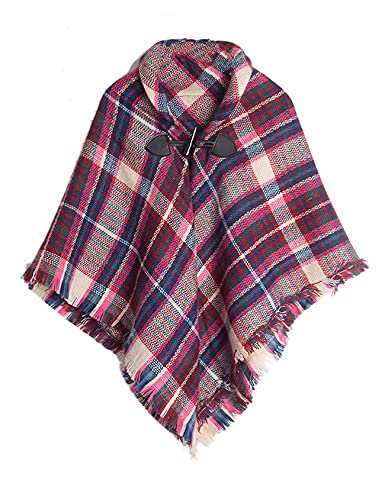 CXINS Girls Kids Fall Knitted Pullover Sweaters Horn Button Poncho Tassel Plaid Cloak Cape