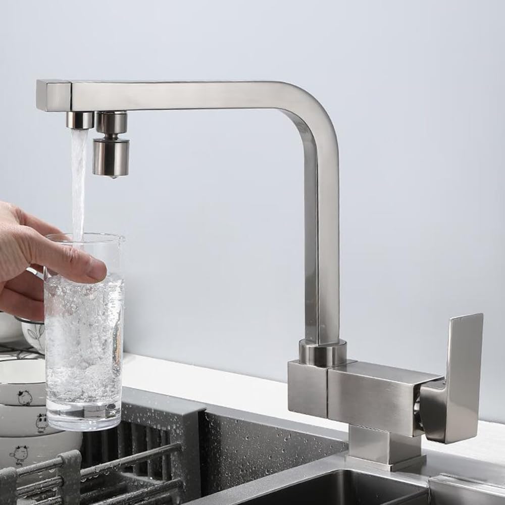 SaryEdge Folding Swivel Hot and Cold Purified Water in Brass 3 Way Filter Faucet for Kitchen Sink-Brushed，Brushed-A，Brushed-A