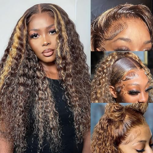 Highlight Ombre HD Transparent 13x4 Lace Front Wigs Human Hair 180% Density Honey Blonde 4/27 Deep Wave Lace Front Wigs for Black Women Frontal Curly Wig Pre Plucked with Baby Hair 24 Inch