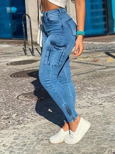 Women's Casual Mid Waist Skinny Stretchy Wide Leg Cargo Pants Stretch Fashion Jeans3