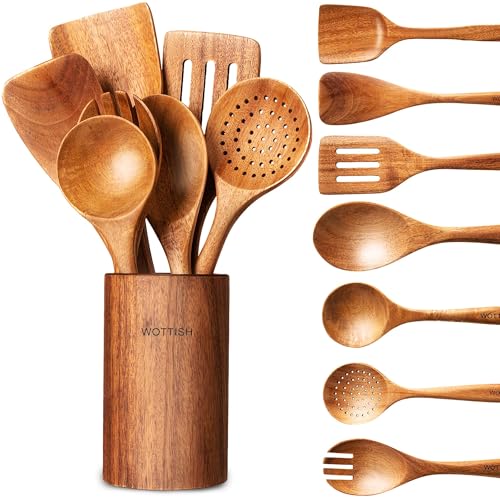 Comparison: Best Material For Cooking Utensils 2 Wooden Spoons for Cooking - 8-Piece Wooden Kitchen Utensil Set made of Natural Solid Wood Material - Includes Spoons, Spatulas, Ladles, Strainer Spoon, Salad Fork, Mixing Spoon and Utensil Holder