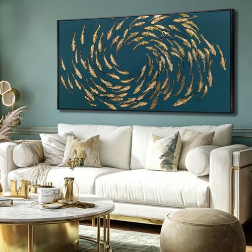 Image of Fish Gold Wall Decor Ocean Sea Framed Large Canvas Wall Art for Living Room Circle Print Pictures Paintings Artwork for Bedroom Office 24 inchx48 inch