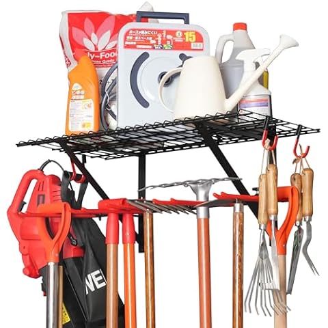 PLKOW Garden Tool Organizer Wall Mount, Yard Tool Organizer for Garage with Top Storage Shelf, Customizable Spacing Garage Ski Holder for Wall, Holds Up to 280lbs, Steel Cover