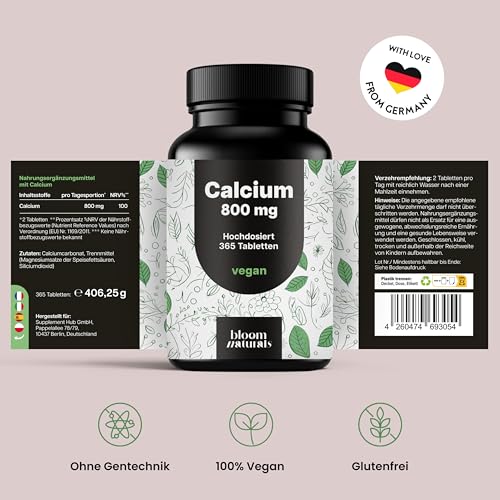 Calcium Tabletten Hochdosiert - 365 Tabletten - 800mg Calcium pro Tag - Calziumtabletten Hochdosiert - 182 Tage Vorrat - vegan und produziert in Deutschland Laborgeprüft - Verpackung kann variieren
