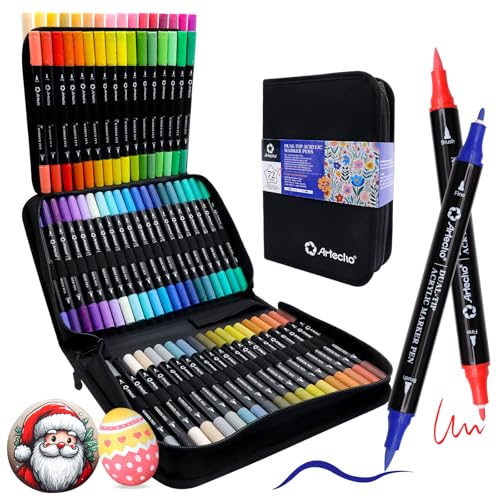 Artecho Acrylic Paint Markers 72 Colors with Bag, Acrylic Paint Pens with Brush Tip and Fine Tip for...