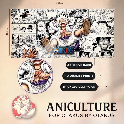Image of Aniculture One Piece Luffy Gear 5 Split Poster Set of 3, A3 Size Each - Panoramic Anime Wall Art Collage - 300 GSM Ultra HD Print Quality - Self-Adhesive Sun God Nika & Joyboy Panels - 36x16 Inch Large Decor