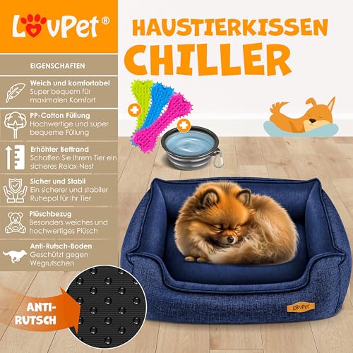 Lovpet® Hundebett Hundekissen Hundekorb Chiller, Inkl. Napf + 3X Kauknochen, Hundesofa Kissen für Kleine, Mittelgroße & Große Hunde, Bezug abnehmbar und waschbar, XL 110 x 75 x 27 cm Navyblau