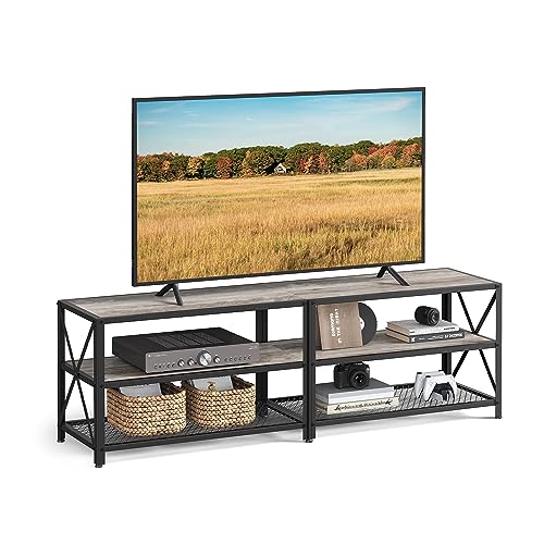 VASAGLE TV Stand, TV Console for TVs Up to 70 Inches, TV Table, 63 Inches Width, TV Cabinet with Storage Shelves, Steel Frame, for Living Room, Bedroom, Black with Wood Grain ULTV095B22 63”L