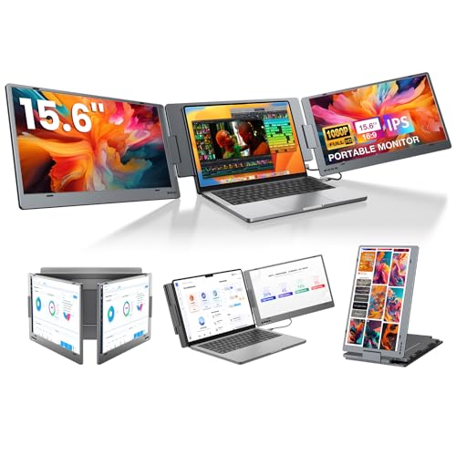 Image of KYY Triple Laptop Screen Extender, 1080P FHD IPS 15.6 inch Travel Monitor, One Cable USB-C Portable Monitor, Dual Screen for 12 inch-17'' Laptops, Full Alloy, 360 Rotation & Kickstand, X90D (Driver Need)