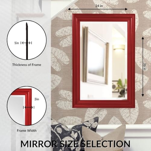 Image of Howard Elliott George Rectangular Glossy Red Wall Mirror, Rectangle Hanging Wood Framed Vanity Mirrors for Home Decor, Living Room, Bathroom, Bedroom, or Hallway, 24 x 36 Inch