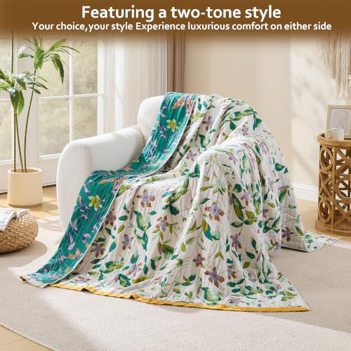 Image of VANJOROY Boho Throw Blanket, 100% Organic Cotton Breathable Skin-Friendly Ultra Soft 60 inch x 80 inch Bed Quilt Throw - Floral Rustic Decor Luxury Reversible Blanket for Sofa Couch Chair and Gift,
