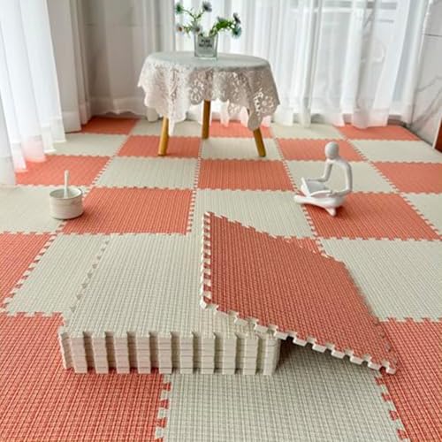 AHTCPO Puzzle Foam Mat Fluffy Floor Rugs, 0.6cm Thick Linen Exercise Mat, Non-Slip Puzzle Climbing Area Rugs, Home Decor(Orange+Beige,0.6cm-24p)