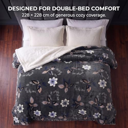 Image of BSB HOME Premium Flannel Fleece Blanket with Sherpa Reverse, 280 GSM Soft Plush Reversible Floral Blanket, Warm Cozy Winter Blanket for Bed, Sofa & Couch, 90 x 100 Inches (228 x 254 cm) - Slate Grey