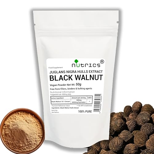 Nutrics 50g Black Walnut Hulls Extract Powder - 100% Pure No fillers Binders or Bulking Agents - Juglans Nigra Persian Regia Jupiters Royal Acorn Supplement (50g)