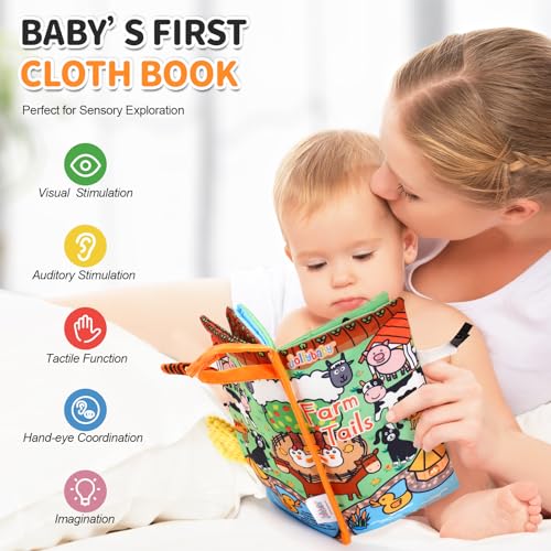 Image of Jollybaby Baby Cloth Books, Touch & Feel Crinkle Soft Books, for Infants Babies, Toddler Early Educational Interactive Stroller Toys, Baby Girl & Boy Gift(Farm Tails)