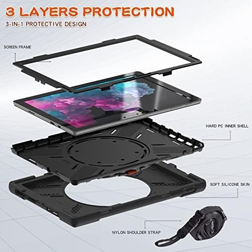 Custodia compatibile con Microsoft Surface Pro 7+ Plus/Pro 7/6/5/4 da 12,3 pollici, antiurto, con pellicola protettiva, robusta custodia protettiva con supporto e tracolla (nero)