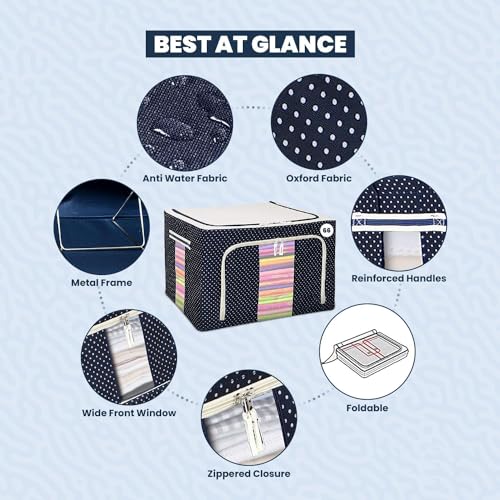 Image of 66 LTR Foldable Steel Frame Cloths Zip Organizer Bag and Oxford Fabric Storage Living Cover Boxes For Wardrobe Shelves Clothes, Sarees, Bed Sheet, Blanket (3-PACK)
