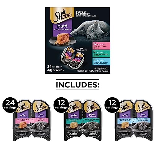 Sheba Perfect Portions Wet Cat Food Pate with Sustainable Salmon, Signature Seafood Entree, and Tender White Fish and Tuna Entree Variety Pack, 2.6 oz. Twin Pack Trays (24 Count, 48 Servings)