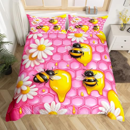 Cartoon 3D Bee Duvet Cover,Yellow Honey Pink Honeycomb Grid Bedding Set for Kids Girls Teens,Cute Daisy Wild Creature Print Rustic Style Comforter Cover with 1 Pillowcase(No Comforter) Toddler Size