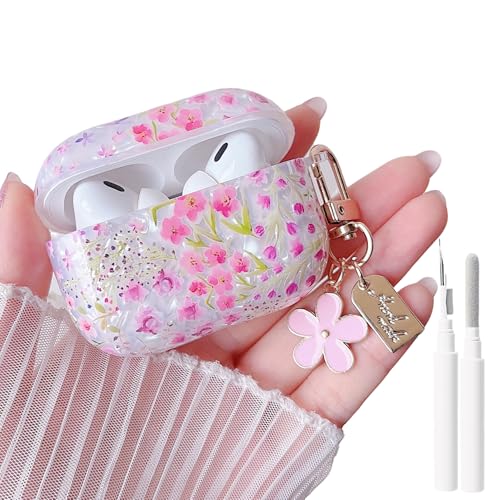 Image of MINSCOSE for Cute Glitter AirPods Pro 2nd /1st Generation Case,Shell Pattern Cartoon Flower Aesthetic Design with Floral Keychain,Soft TPU Protective Cover with Cleaner Kit for AirPods Pro /Pro 2-Pink