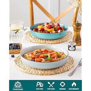 vancasso Pasta Bowls Set of 4, 46 oz Ceramic Salad Serving Bowls and Soup Bowls, Microwave Safe Pasta Plates, Large Shallow Kitchen Dishes, Bonita Series - Blue vancasso Pasta Bowls Set of 4 46 oz Ceramic Salad Serving Bowls and Soup Bowls Microwave Safe Pasta Plates Large Shallow Kitchen Dishes Bonita Series Blue