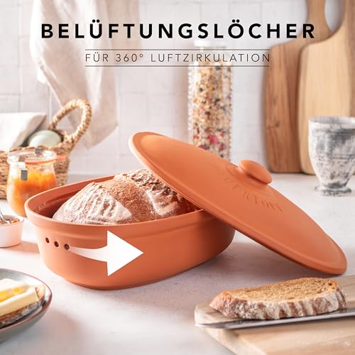 Foto von Römertopf Brottopf oval aus Naturton Terrakotta, 30 x 21 x 15 cm, ca. 2,0 Liter, belüfteter Keramik-Vorratstopf mit 2x3 Lüftungslöchern, feuchtigkeitsregulierend, zur Aufbewahrung von Brot & Brötche