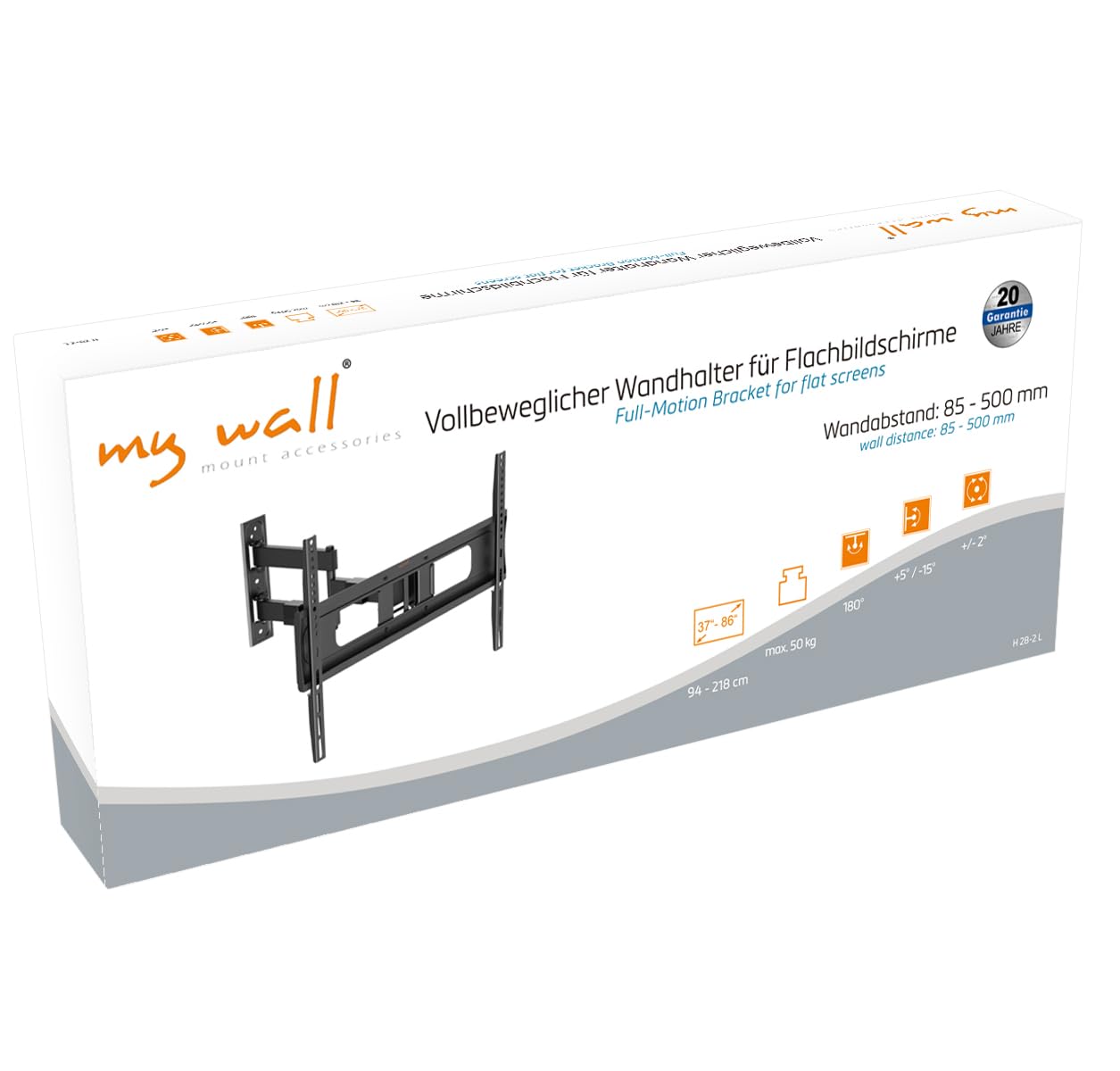 My Wall - Supporto da parete orientabile per TV fino a 86" H28-2L, per TV da 37-86" (94-218 cm), fino a 50 kg, inclinabile e girevole, distanza dalla parete variabile 8,5-50 cm, VESA da 200 x 200 a