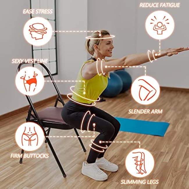 Yoga Chair Set Yoga Auxiliary Chair Flexibility Strength Training Tool, Foldable Yoga Chair for Balance Training, with Figure S Resistance Belt, Chair Leg Cap, Brown