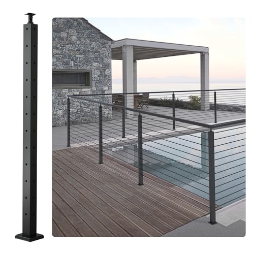 VEVOR Poste de Barandilla de Cable con Orificio en Forma de L de 106,7 x 5 x 5 cm, 12 Orificios Preperforados, Poste de Riel de Cable de Acero Inoxidable SUS304 con Soporte Horizontal y Curvado, Negro
