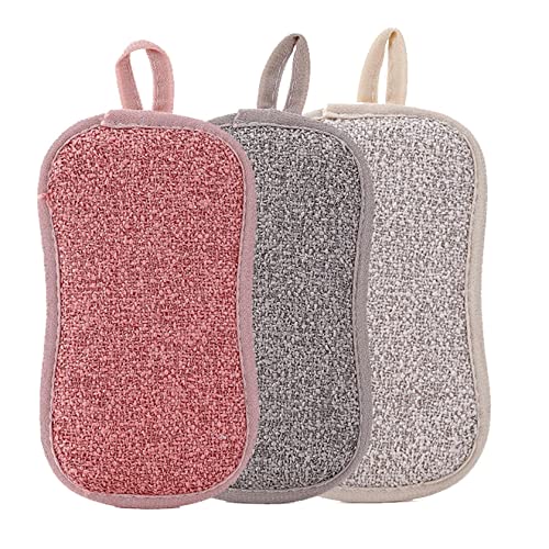 Lot de 3 éponges Vaisselle reutilisable eponges, Double Action en Microfibre antibactériennes et résistantes tampons grattants pour Nettoyer la Vaisselle Poêlons (H) Cover