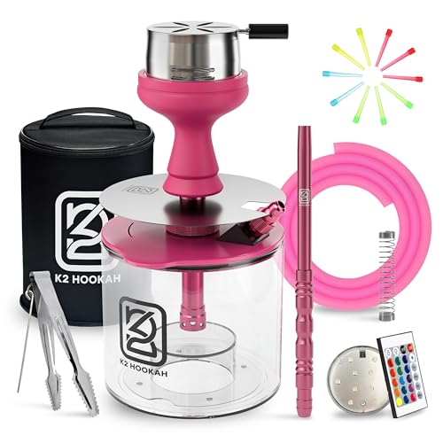 K2 Hookah Portable Acrylic Hookah Set With Everything Charocal Holder HMD Tongs Accessories Shisha Bowl (NOVA-PINK)