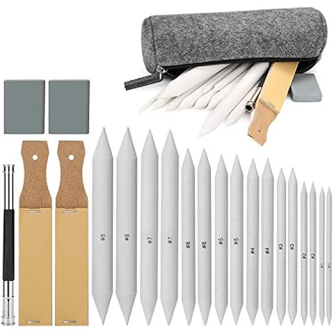 AGPTEK 22 pcs Mischen Papierwischer Set, 16 Blending Stumps Set/Tortillionen Set/Estompen Set mit 2 Schleifpapier-Schärfpads, 1 Stift-Verlängerungswerkzeug, 2 Knetgummi Radiergummis & 1 Filztasche Cover