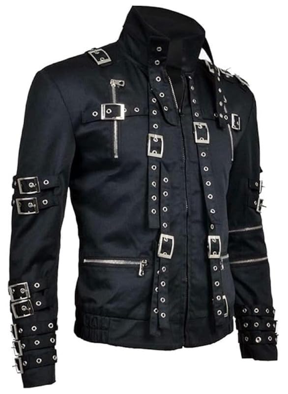 Giacca da uomo in cotone nero stile punk rock MJ - Dettagli con fibbia slim fit e costume da spettacolo sul palco